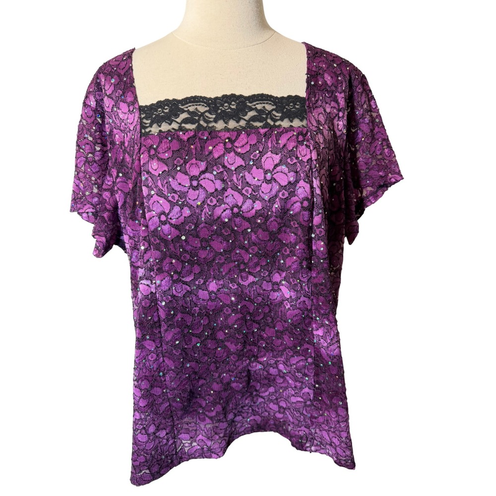 Dressbarn Purple Floral Lace Sequin Square Neck Blouse Plus Size 18/20